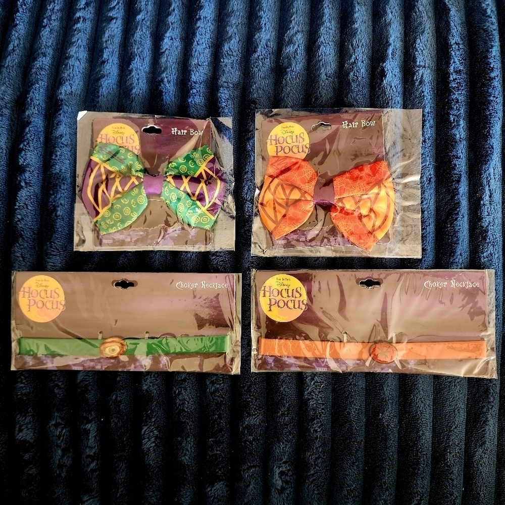 Hocus Pocus Hair Bows and Chokers Sets Lot Of 4 Orange & Green Halloween Cosplay